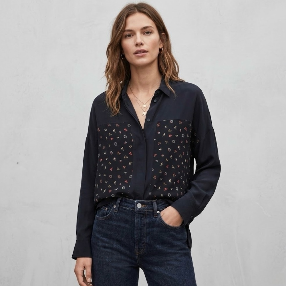 All Saints Misu Aquarius 100% Silk Floral Button Down Blouse Black Size US 2